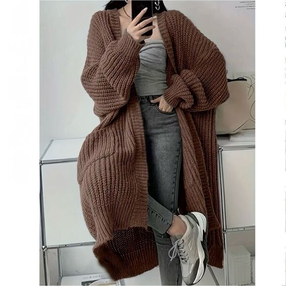 Open Front Long Brown Cardigan - Picture 2 of 5